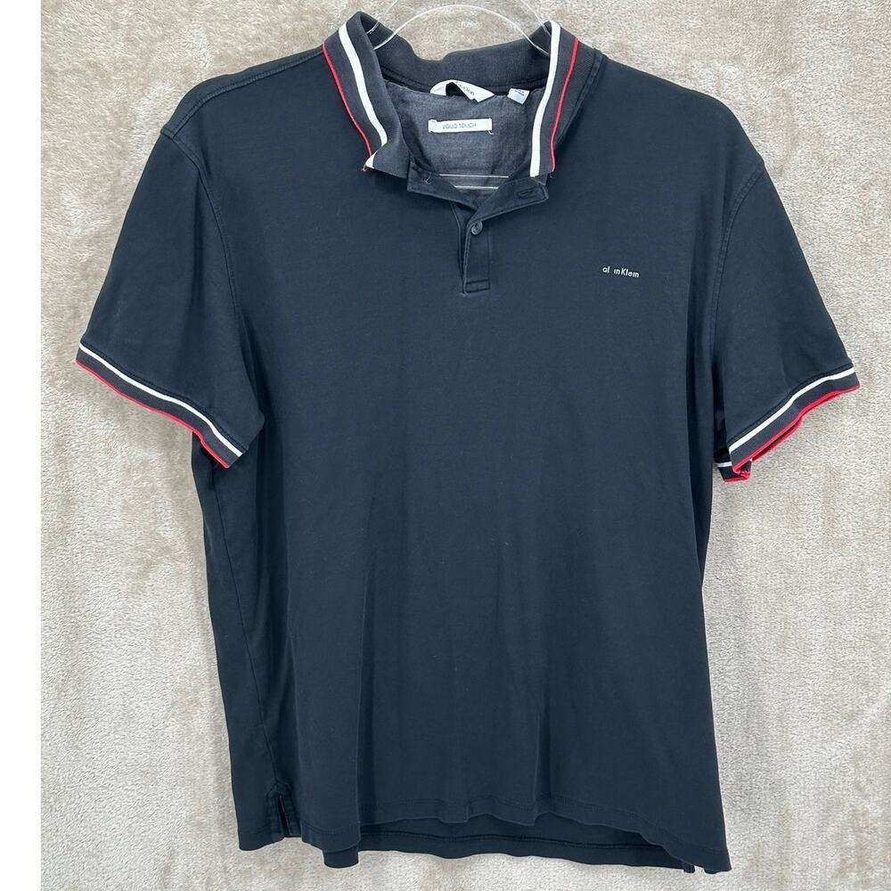 Calvin Klein Shirt Mens Medium Black Polo Liquid Touch Striped Preppy Modern